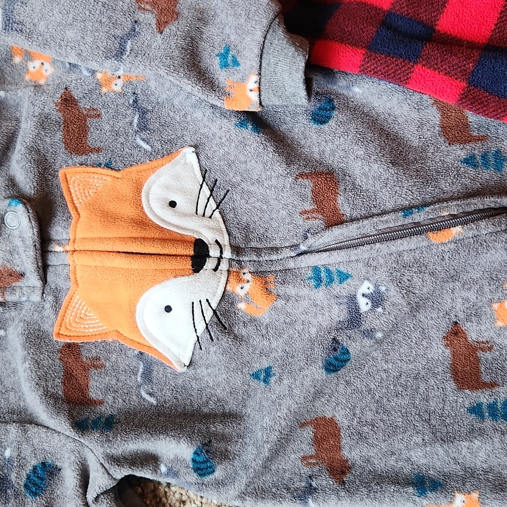 Gray Fox Print Footed One-Piece and Red Plaid Pullover One-Piece Set for Kids - Picture 2 of 9